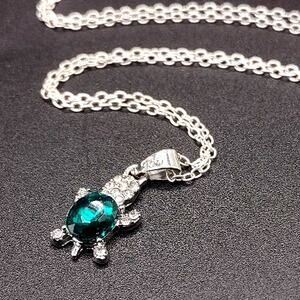925 Sterling Silver Necklace W/ Sea Turtle CZ Emerald Anniversary Birthday Gift